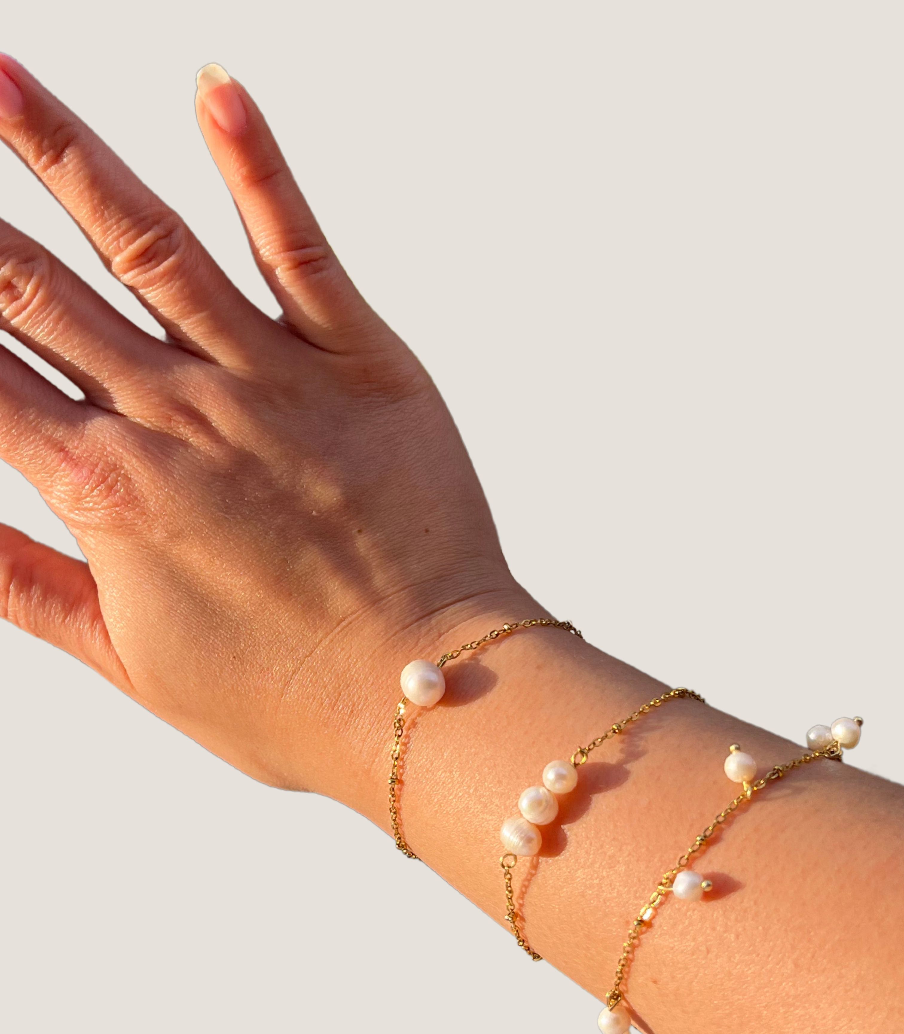 Tres Perlas ILY Dainty Bracelet , Sinta Single Philippine Pearl Bracelet and Mini South Sea Pearl Sting Bracelet - Arete