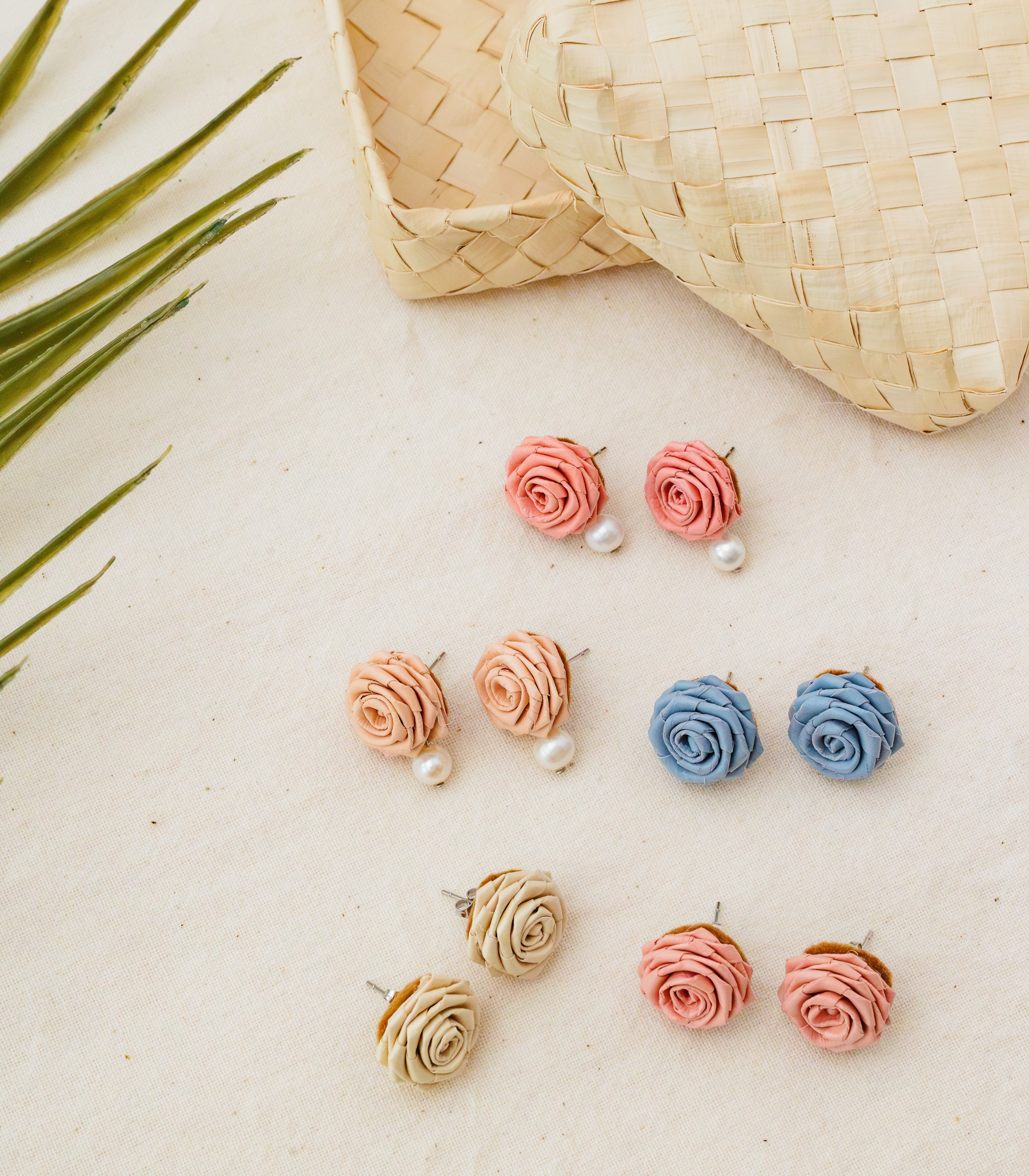 Handwoven Rosas Palm Leaf Earrings - Blush Pink, Dusty Blue and White - Punique